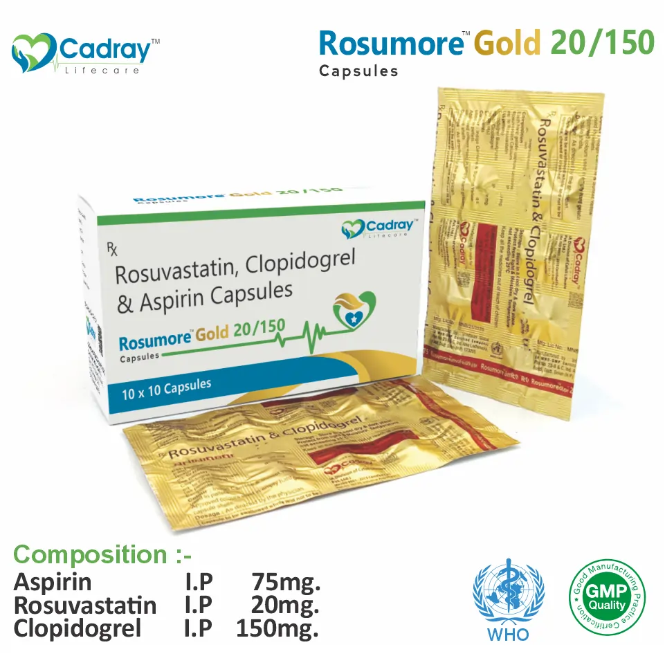Aspirin 75mg, Rosuvastatin 20mg, and Clopidogrel 150mg combined for enhanced cardiovascular protection, available for PCD pharma franchise with competitive pricing and WHO GMP certification.
